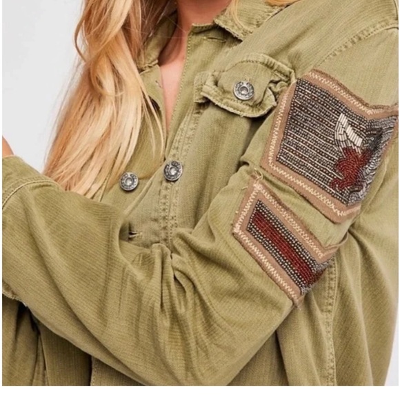 Free People Oversized Embellished Military Jacket Patch XS Boho - Picture 2 of 13